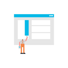 Man Little man makes web design of internet page. Concept web designer and developer