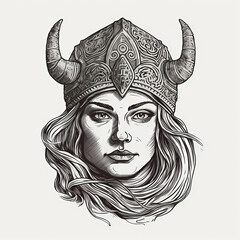 Viking woman head vector illustration for logos or tattoos. Generative AI.