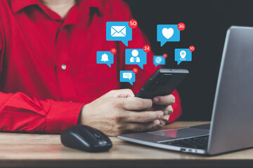 Wall Mural - digital marketing business woman using device smartphone on technology communication social media network online with like share chat comment post friend in commercial multimedia social network