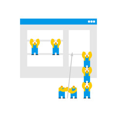 Man Little man makes web design of internet page. Concept web designer and developer