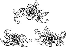 A Set Of Roses Or Rose Engraved Woodcut Etching Tattoo Designs