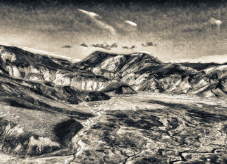 Poster - Famous Icelandic landscape in highlands, Landmannalaugar area - Iceland. Green lava fields and mountains on the background, aerial view from drone