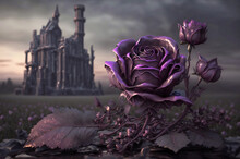 Illustration Of A Purple Rose With A Castle In Background. Gothic Feeling. Created With Generative AI Technology.