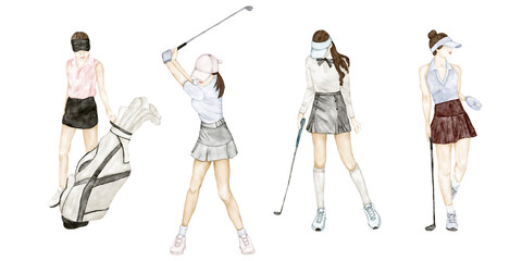 Set of female golfers on white background