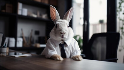 Cute baby rabbit sitting on businessman's desk generated by AI