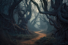 Winding Path In Dark Fairytale Forest. Generative AI Illustration