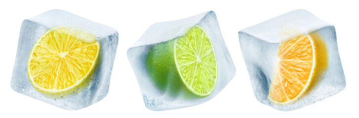 Poster - Citrus fruits in ice cubes, cut out