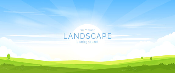 Wall Mural - vector illustration. summer sunny landscape. green fields, meadows, hills are covered with grass and