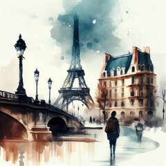 Wall Mural - Paris in watercolor style by Generative AI