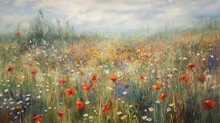 Digital Oil Painting Of Lush Blooming Summer Meadow With Colorful Wildflowers, Impressionism, Beautiful Artistic Image For Wallpaper, Art Print, Background Design. Generative AI. 