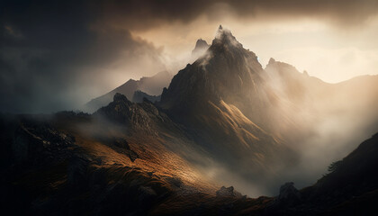 Poster - Majestic mountain peak towers in dramatic sky generated by AI