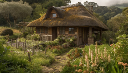 Sticker - Thatched roof hut on green meadow surrounded by forest generated by AI