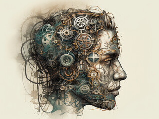 A Surreal Illustration of a Head made of Gears and Cogs | Generative AI