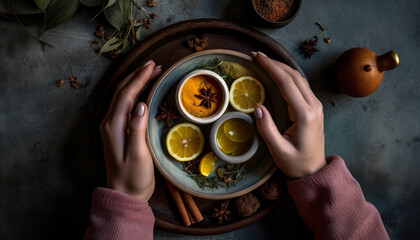 Sticker - Hand holding hot tea, lemon slice, rustic table generated by AI