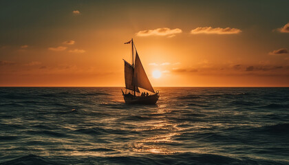 Poster - Sailboat silhouette reflects beauty of sunset on water generated by AI