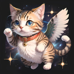 Poster - Playful Baby Cat with Wings: 2D Square Shape Caricature on Galaxy Background