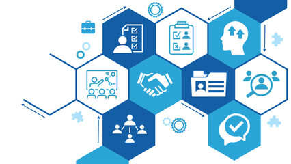 Wall Mural - Onboarding vector illustration. Concept with connected icons related to welcoming new hire, welcome culture in the company, employee satisfaction, talent retention, workforce training.