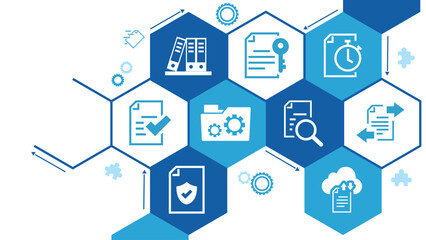 Wall Mural - Document management vector illustration. Blue concept with no people related to digital file storage system and software, corporate records keeping, database technology.