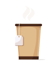 Paper cup for hot drink with tea from bag tag on thread and steam. Isolated. PNG