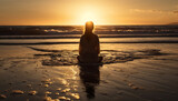 Fototapeta Morze - One woman meditating in lotus position at sunset generated by AI