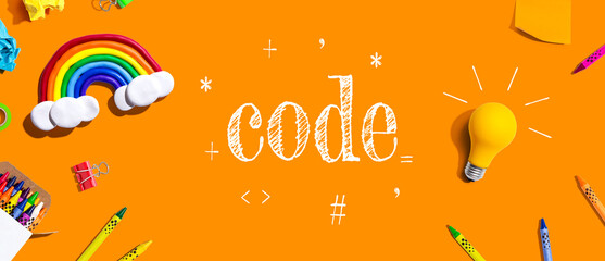 Wall Mural - learn to code theme with school supplies overhead view - flat lay