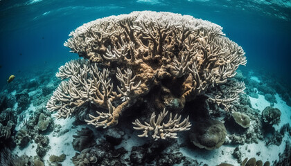 Sticker - Colorful aquatic animals swim below tropical coral reef generated by AI