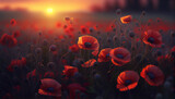 Fototapeta Maki - Realistic Poppy field at sunset Ai generated image