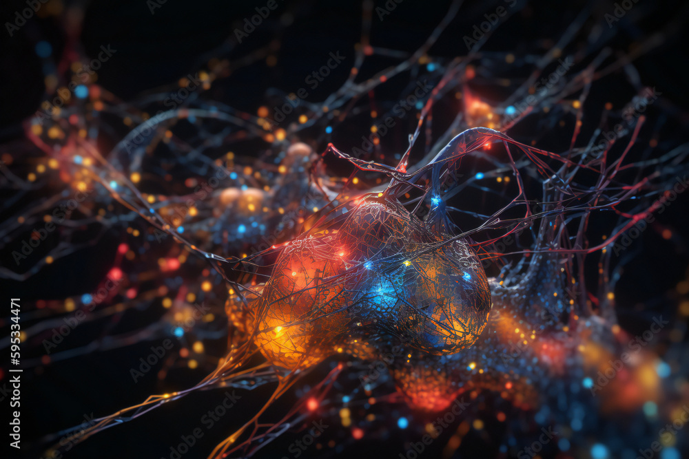 Advanced AI network for efficient machine learning: interconnected nodes and pathways, a neural network, and neon colors for advanced artificial intelligence technology