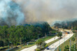 Fire department firetrucks extinguishing wildfire burning severely in Florida jungle woods. Emergency service vehicles trying to put down flames in forest