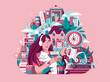 Vector illustration about the organization of recreation. A composition with a young girl listening to music, caring for flowers, stroking a cat. Illustration for websites, social media, advertising.