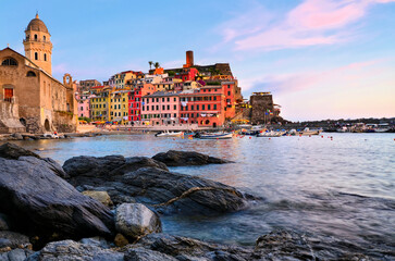 Wall Mural - Beautiful evening view of the harbor of Vernazza, Cinque Terre, Italy at dusk