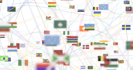 Wall Mural - Connection lines Around map with all country flags, Futuristic Technology