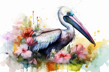 Watercolor Painting Of A Beautiful Pelican In A Colorful Flower Field. Ideal For Art Print, Greeting Card, Springtime Concepts Etc. Made With Generative AI.