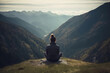© Fortis Design - A young woman sitting in the midst of beautiful natural landscape enjoying the freedom and adventure of her travel. The lush green forest, towering mountains provide a breathtaking view. Generative AI