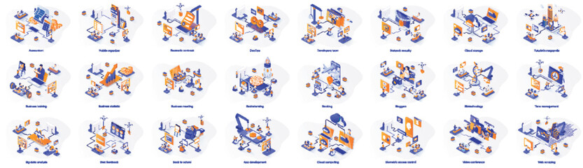 Mega set of isometric concepts. Contains such Business, Development, Travel, DevOps, Cloud Computing, Analysis and more. Bundle illustrations. Isometry vactor illustrations for marketing material.