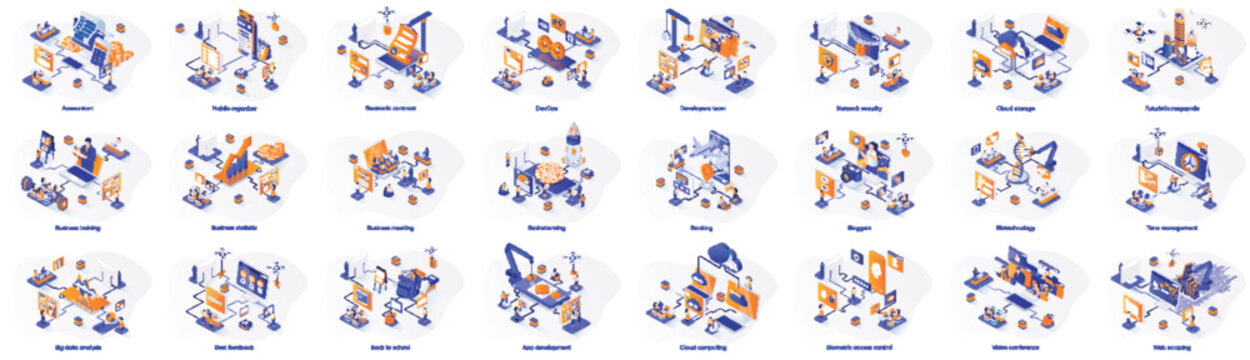 Mega set of isometric concepts. Contains such Business, Development, Travel, DevOps, Cloud Computing, Analysis and more. Bundle illustrations. Isometry vector illustrations for marketing material.
