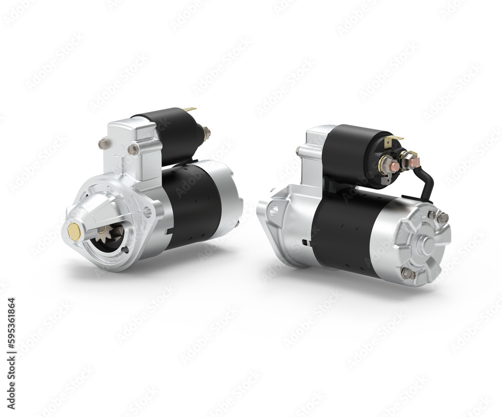 Car starter also self-starter, cranking motor, or starter motor isolated on transparent background. An automobile starter motor. 