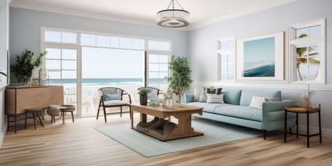 Coastal interior design room with beautiful lightning generative ai