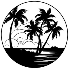 Tropical island with palm trees, silhouette of a tropical island in a circle design