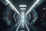 Fototapeta Do przedpokoju - A futuristic spaceship tunnel in 3D with a sci-fi space corridor background. Generative AI