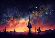A Starry Sky Above A Desert Landscape, With Cacti Silhouetted Against The Night Sky, Watercolor Style Generative AI