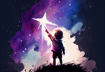 a child pointing towards the stars with an expression of wonder and amazement, watercolor style gene