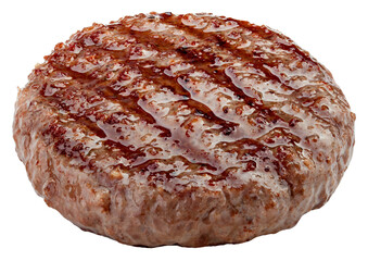 grilled hamburger meat isolated on white background, full depth of field