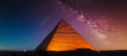 keops pyramid from giza at fantastic purple night with the milky way in the sky