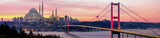 Istanbul Bosphorus panoramic photo. Istanbul landscape beautiful sunset with clouds Suleymaniye Mosque double exposure, Bosphorus Bridge,  Istanbul Turkey.Best touristic destination of Istanbul