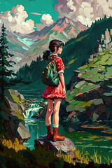 Wall Mural - a lonely anime girl standing on a little rock in front of a lake, red dress, oil painting style, generative ai technology