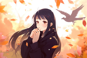 Wall Mural - Cute smiling anime girl. AI generated image.