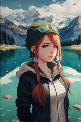 Wall Mural - a cool modern teenage girl in an anime style in front of big mountains and a lake, realistic style, generative ai technology