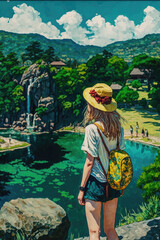 Wall Mural - an oil painting inspired anime woman in a touristic dress, standing in front of a travel destination, generative ai technology