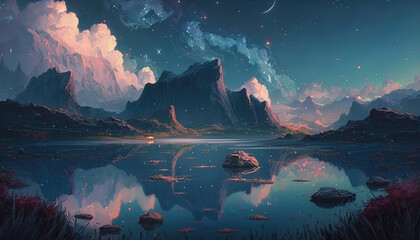 Wall Mural - a beautiful anime landscape illustration with a lake and mountains, generative ai technology